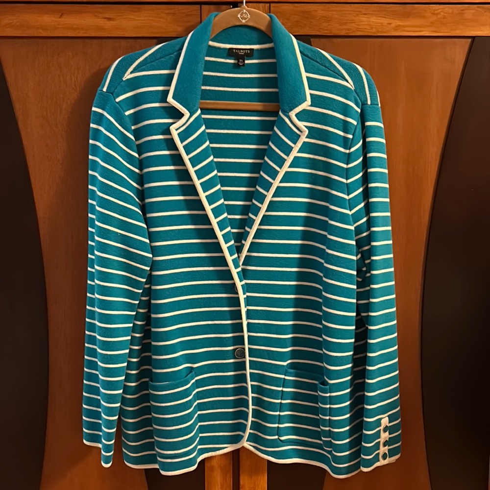 OBO Sending to ThredUp soon!Talbots Turquoise & White Striped Jacket w/Pockets